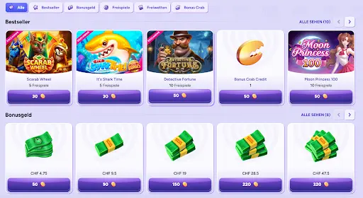 Spinbara Bonusshop – Freispiele und Bonusgeld gegen Treuepunkte einlösen Spinbara Bonusshop mit Freispielen für beliebte Slots wie Scarab Wheel, It’s Shark Time, Detective Fortune und Bonusgeld in CHF