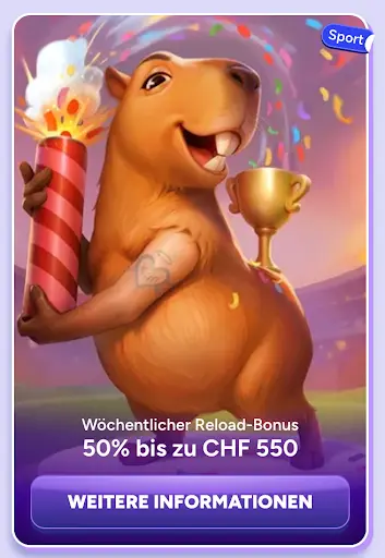 Capybara mit Konfetti, Trophäe und Feuerwerkskörper beim wöchentlichen Reload-Bonus von SpinBara – 50 % bis zu CHF 550 im Sportbereich.