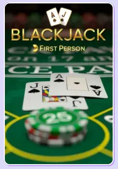 Blackjack First Person – realistisches Kartenspiel mit 3D-Ansicht und klassischen Blackjack-Karten auf grünem Tisch.