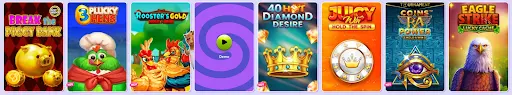Beliebte Spielautomaten: Break the Piggy Bank, 3 Plucky Hens, Rooster’s Gold, 40 Hot Diamond Desire, Juicy Win, Coins of Ra Power und Eagle Strike.