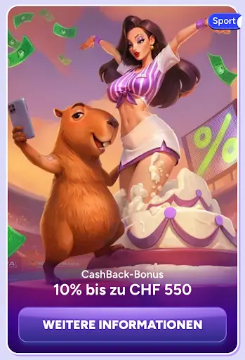 Capybara und Cheerleaderin mit Smartphone und Bonuskuchen beim Cashback-Bonus im SpinBara Sportbereich – 10 % bis zu CHF 550.