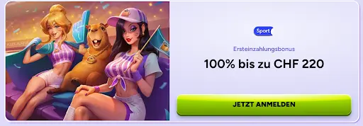 Ersteinzahlungsbonus im Sportbereich bei SpinBara – 100 % bis zu CHF 220, präsentiert von zwei jubelnden Cheerleaderinnen und einer Capybara im Stadion.