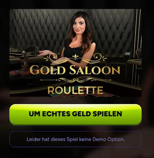 Live-Dealerin beim Gold Saloon Roulette-Tisch mit luxuriösem Casino-Hintergrund.