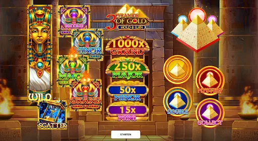 Spielbildschirm des Slots „Pyramids of Gold™ – Hold & Win“ mit Wild-, Scatter- und Bonussymbolen sowie möglichen Jackpots: Mini, Minor, Major und Grand.