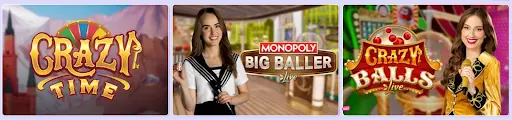 Crazy Time, Monopoly Big Baller Live und Crazy Balls – beliebte Spielshows mit charismatischen Moderatoren und spannenden Bonusfunktionen.