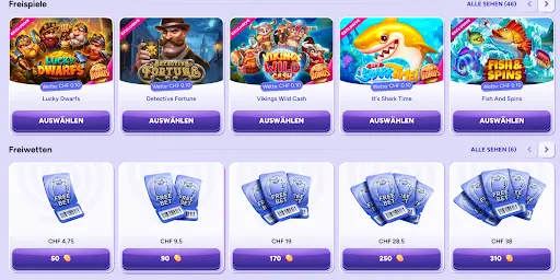 Freispiele und Freiwetten im Spinbara Bonusshop – Belohnungen für Treuepunkte einlösen Spinbara Freispiele für Slots wie Lucky Dwarfs, Detective Fortune, Vikings Wild Cash und It’s Shark Time sowie Freebets im Wert von CHF 4.75 bis CHF 38