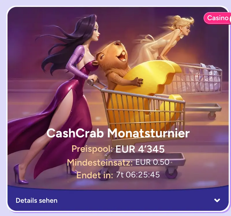 CashCrab Monatsturnier – Spiele um EUR 4’345 Preispool mit nur EUR 0.50 Mindesteinsatz Zwei Frauen in eleganten Kleidern und eine fröhliche Kapibara mit goldenem Crab-Coin rasen mit Einkaufswagen beim CashCrab Monatsturnier